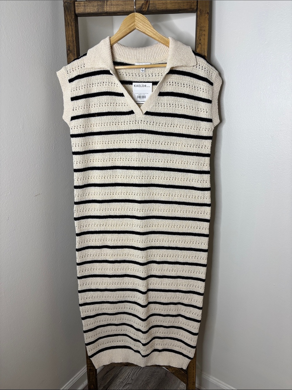 Miou Muse Cream & Black Sleeveless Collared Stripe Knit Dress Size S